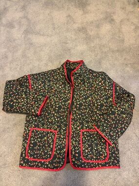 Navy Floral Quilted Jacket with Red Trim